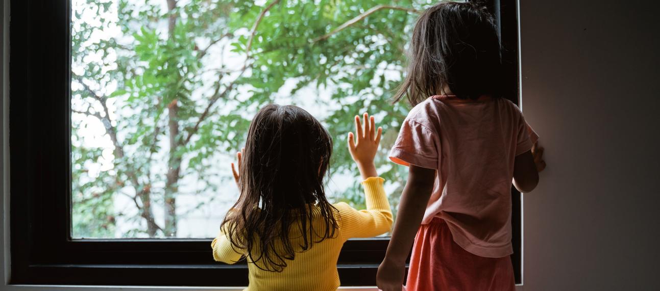 Two young children seen from behind. They are standing and looking out of a large window at some trees. 