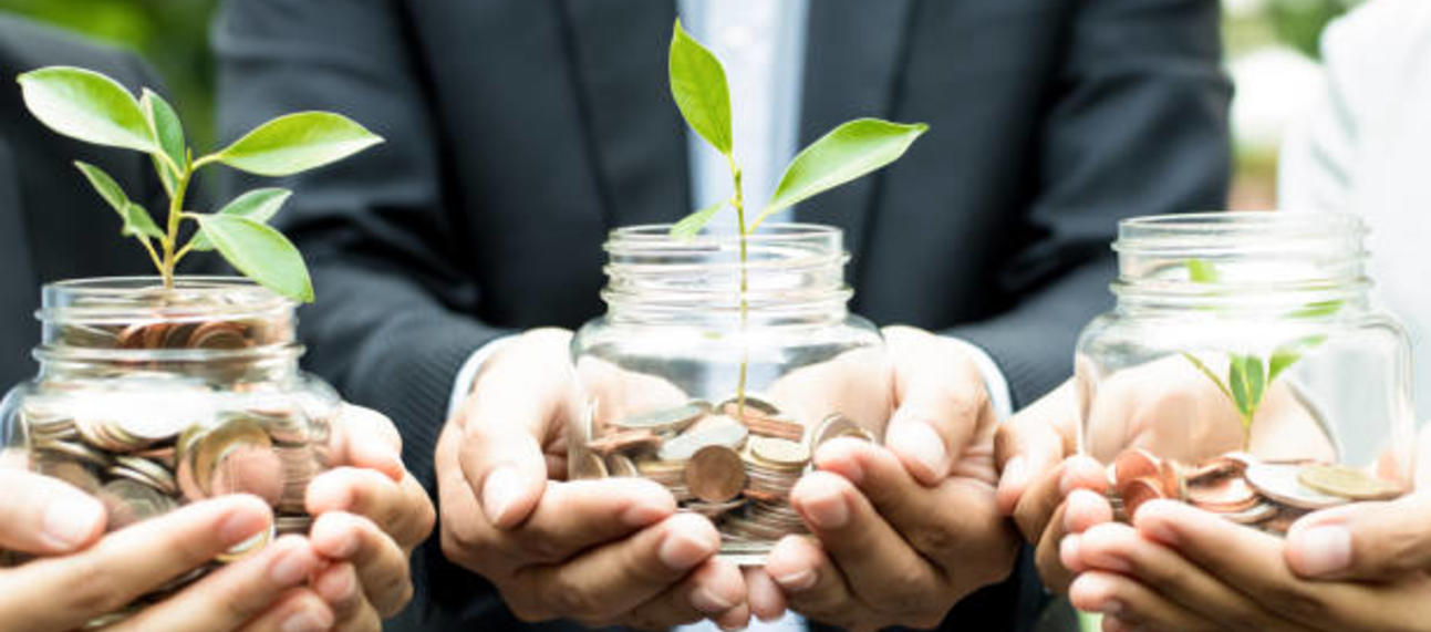 Getty Images - Three people holding a pot each with coin growing a plant.