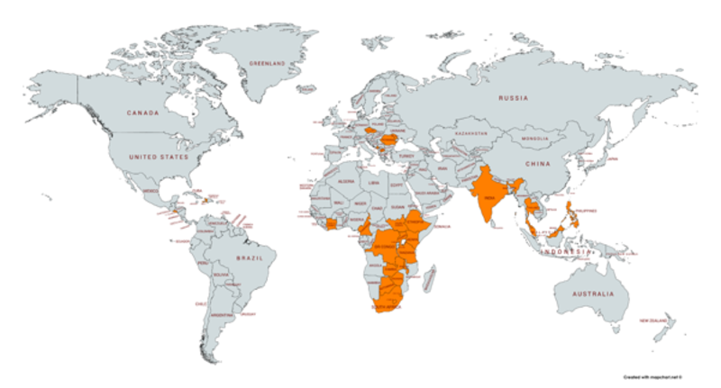 Map of PLH programme countries Map indicating countries in which PLH programmes are implemented