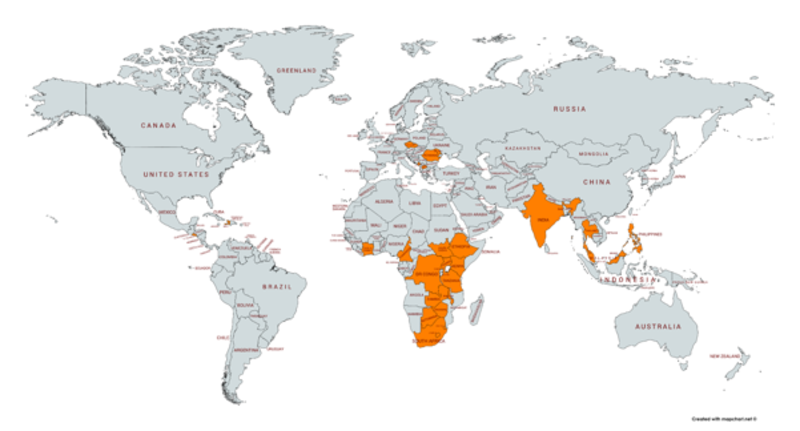 Map indicating countries in which PLH programmes are implemented