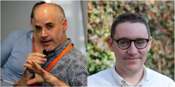 Side-by-side images of Jamie Lachman and David Humphreys. Jamie is wearing a patterned grey shirt and is mid-speech, gesturing with his hands. David has short brown hair, dark glasses and is wearing a white shirt, smiling at the camera.