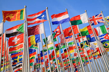 Multiple rows of national flags on flagpoles against a bright blue sky. 