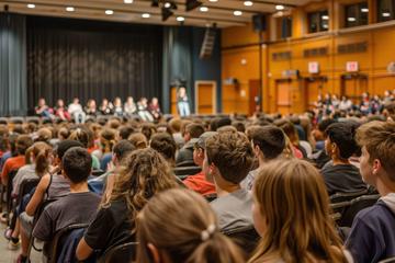 Children sit in a school assembly, being addressed by a teacher. 