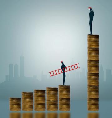 Income inequality vector image: one man standing on a small pile of money, another man standing on a large pile of money