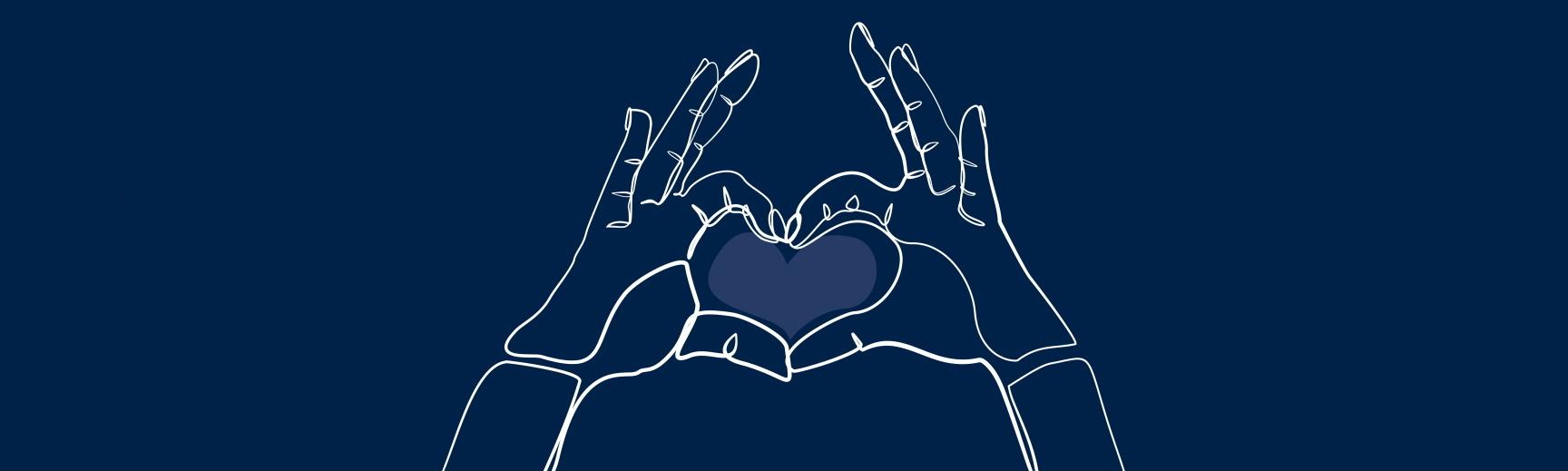 White-line illustration of two hands with fingers positioned to form a heart shape