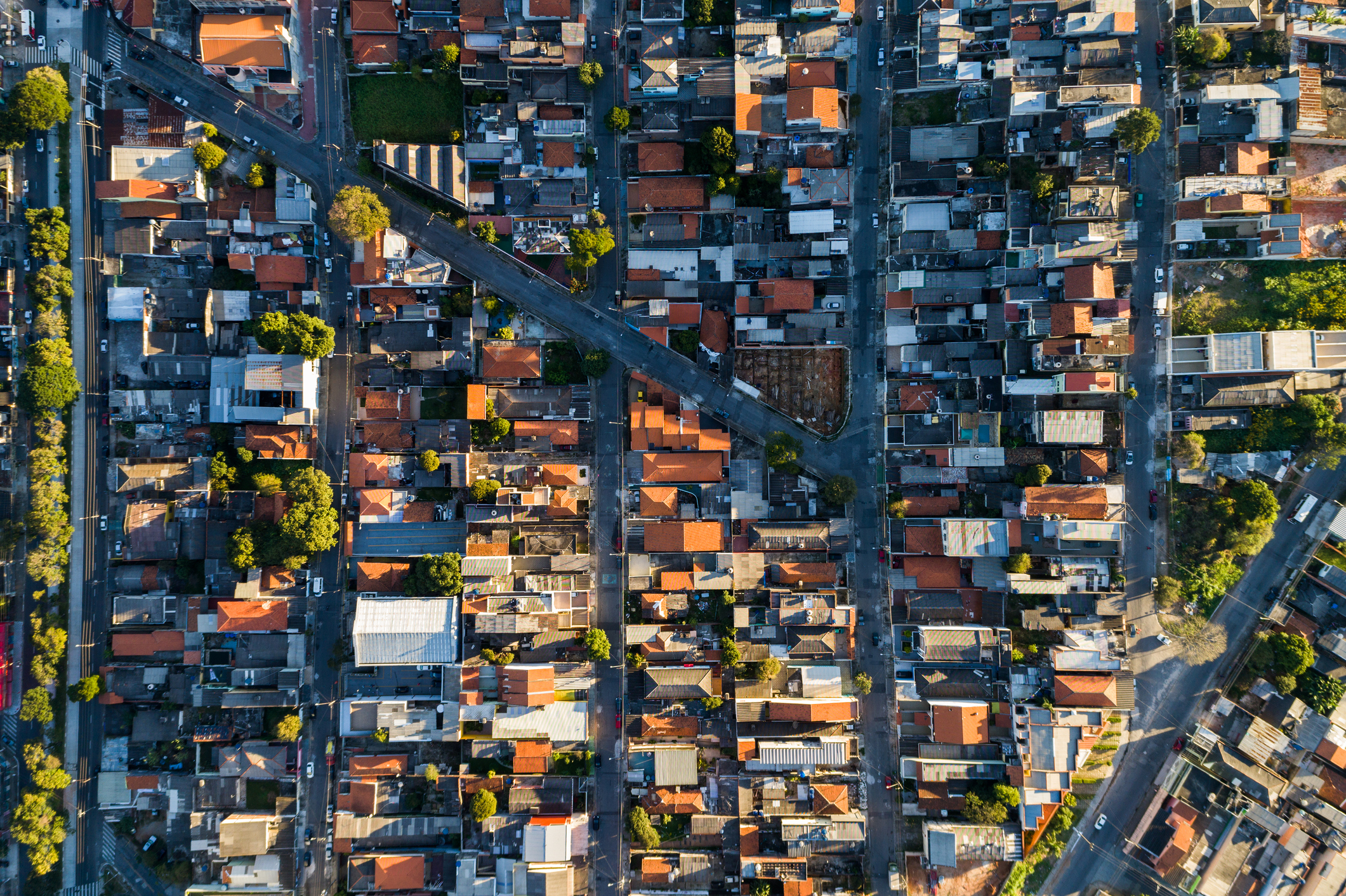 A neighbourhood of buildings seen from above, with two main streets converging in the middle. Credit:&nbsp;gustavofrazao&nbsp;/ Getty Images-695509606
