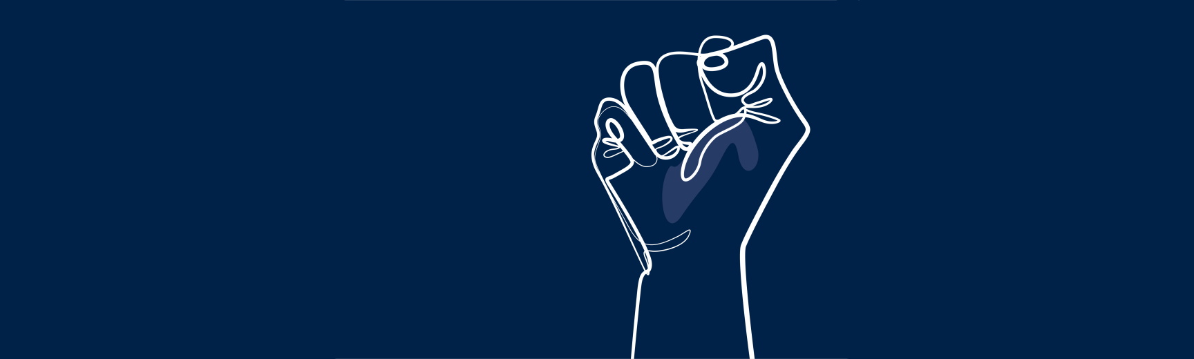 White-line illustration of a clenched fist held upwards