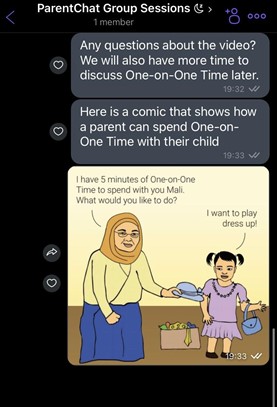 ePLH screenshot from ParentChat: A comic showing how a parent can spend 1-1 time with their child, asking the child, 'I have 5 mins to spend with you, what would you like to do?' Child replies, 'I want to play dress up'. 