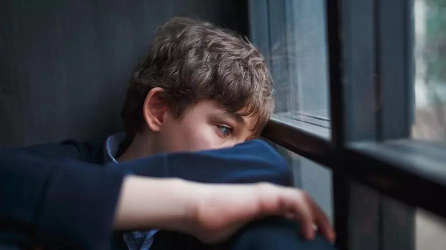 Boy sitting by a window with their head resting on folded arms, appearing contemplative