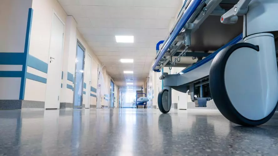 View from the floor of a hospital corridor