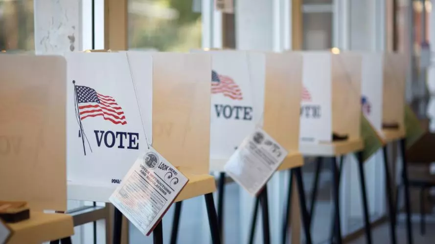 A row of polling desks in a US polling station