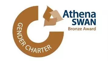 Logo for the Athena Swan Bronze Award, including light brown swish with word Gender Charter in white font