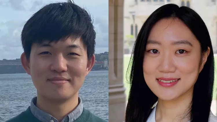  This is a collage of two people Kun Lee and Solhee Han both smiling at the camera.   