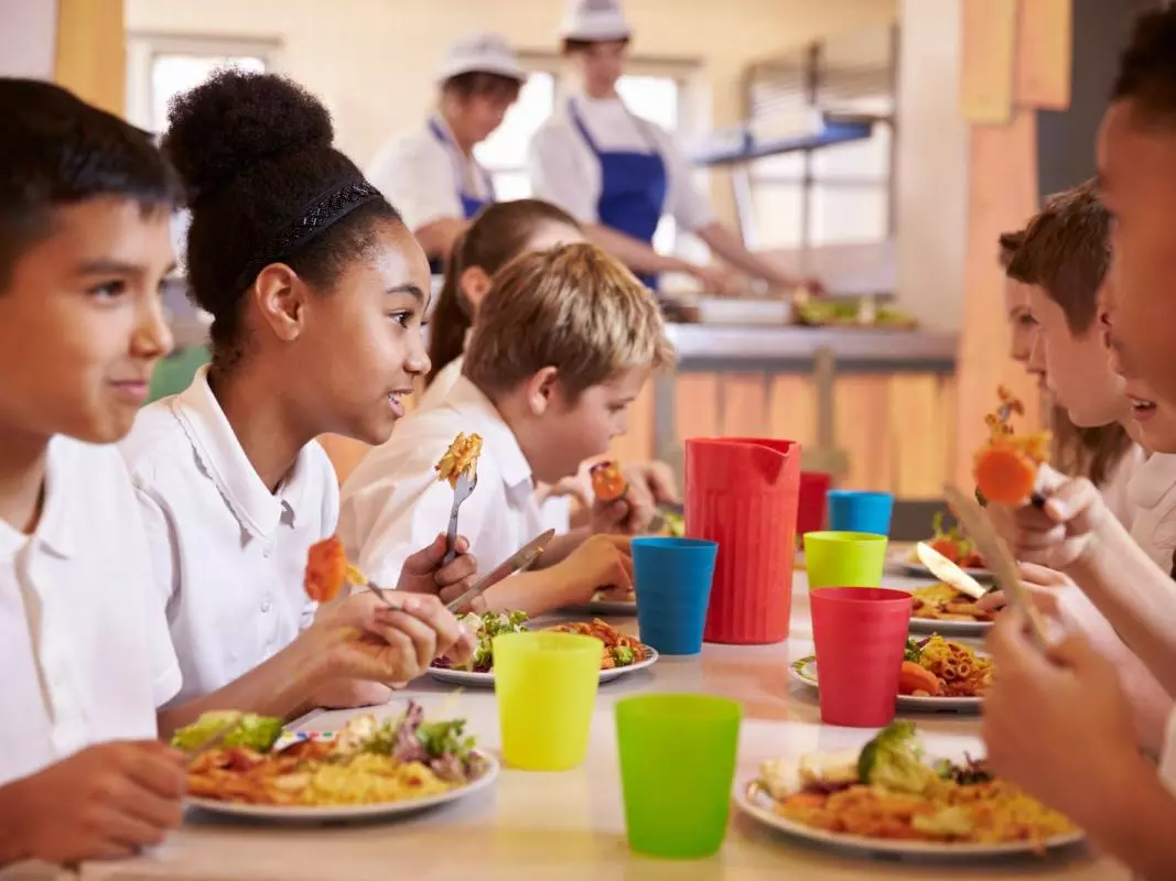 Several primary school children sitting at a lunch table, wearing white polo shirts. They are eating and chatting. The table is filled with multicoloured cups.
