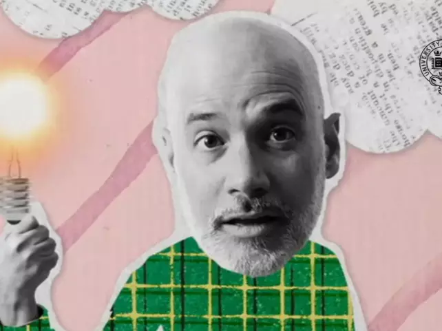 A playful collage of a bearded man wearing a green checked shirt and holding a glowing light bulb. The background is pink with diagonal stripes and cloud shapes made from printed text, with the University of Oxford logo in the upper-right corner.