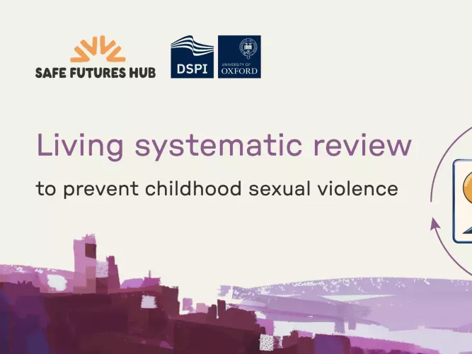 Graphic titled 'Living systematic review to prevent childhood sexual violence' featuring Safe Futures Hub, DSPI and University of Oxford logos, with an image indicating research and data analysis and a cityscape image along the bottom.