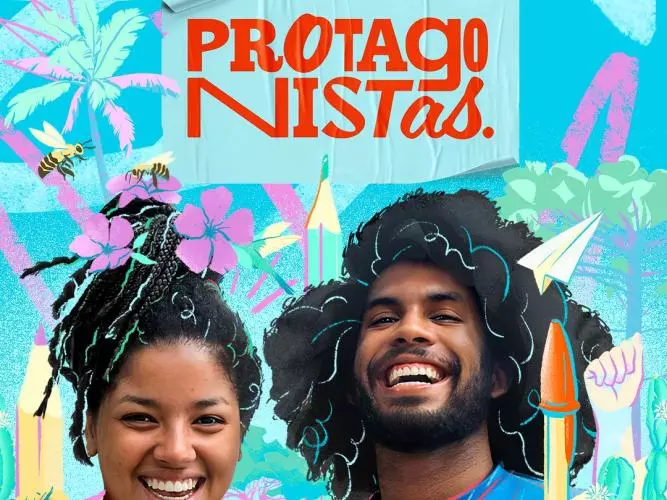 A colourful image of a young man and women laughing, surrounded by brightly coloured illustrations. 