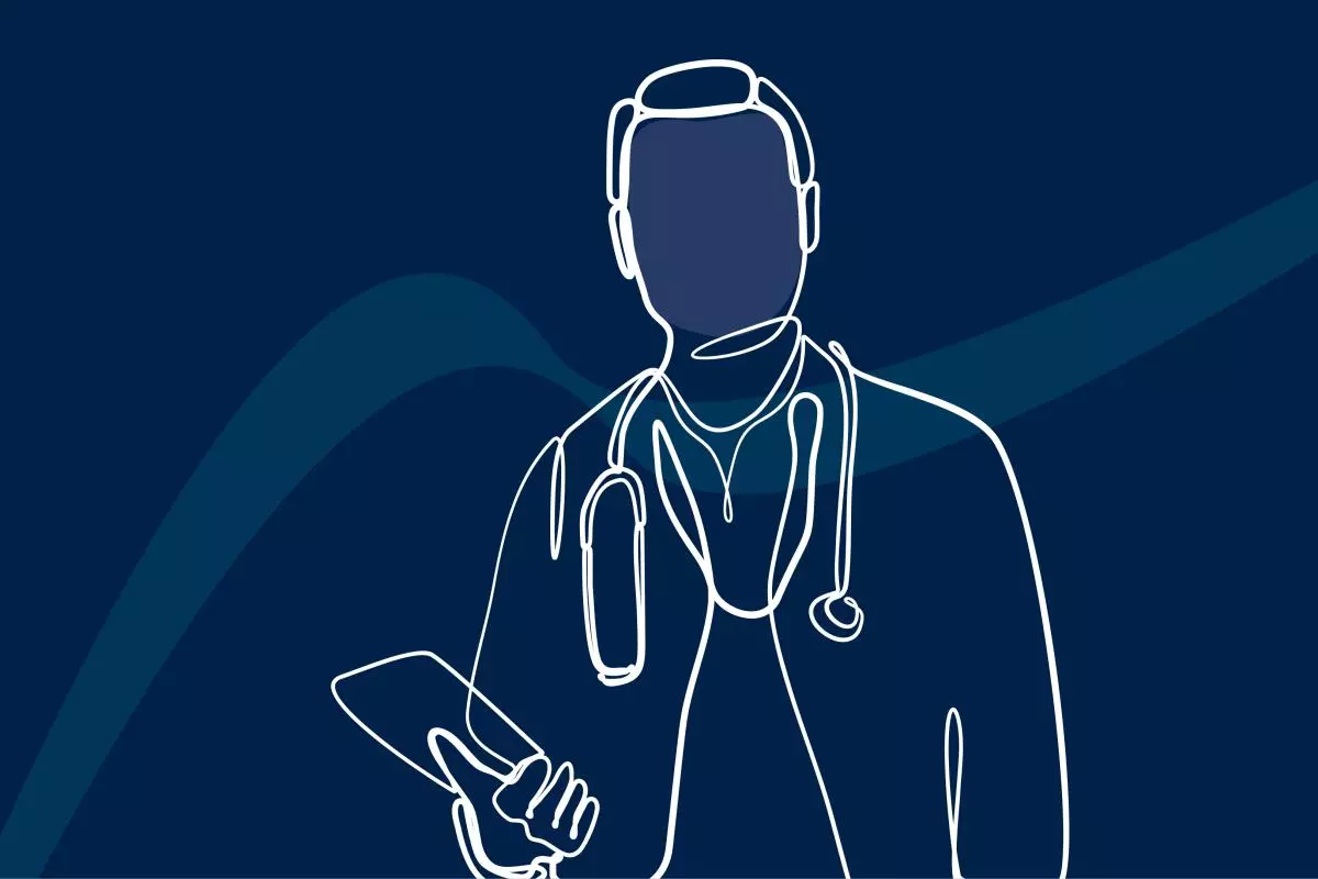 White-line illustration of a doctor holding a clipboard