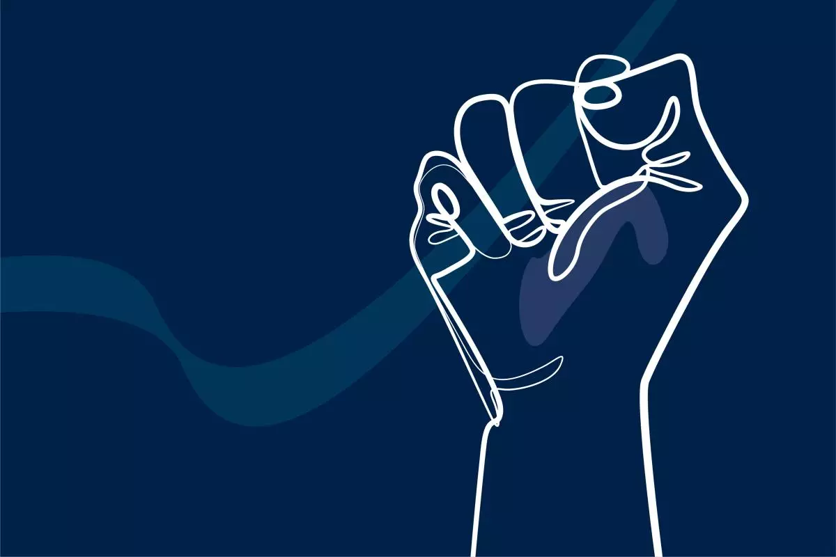  White-line illustration of a clenched fist held upwards